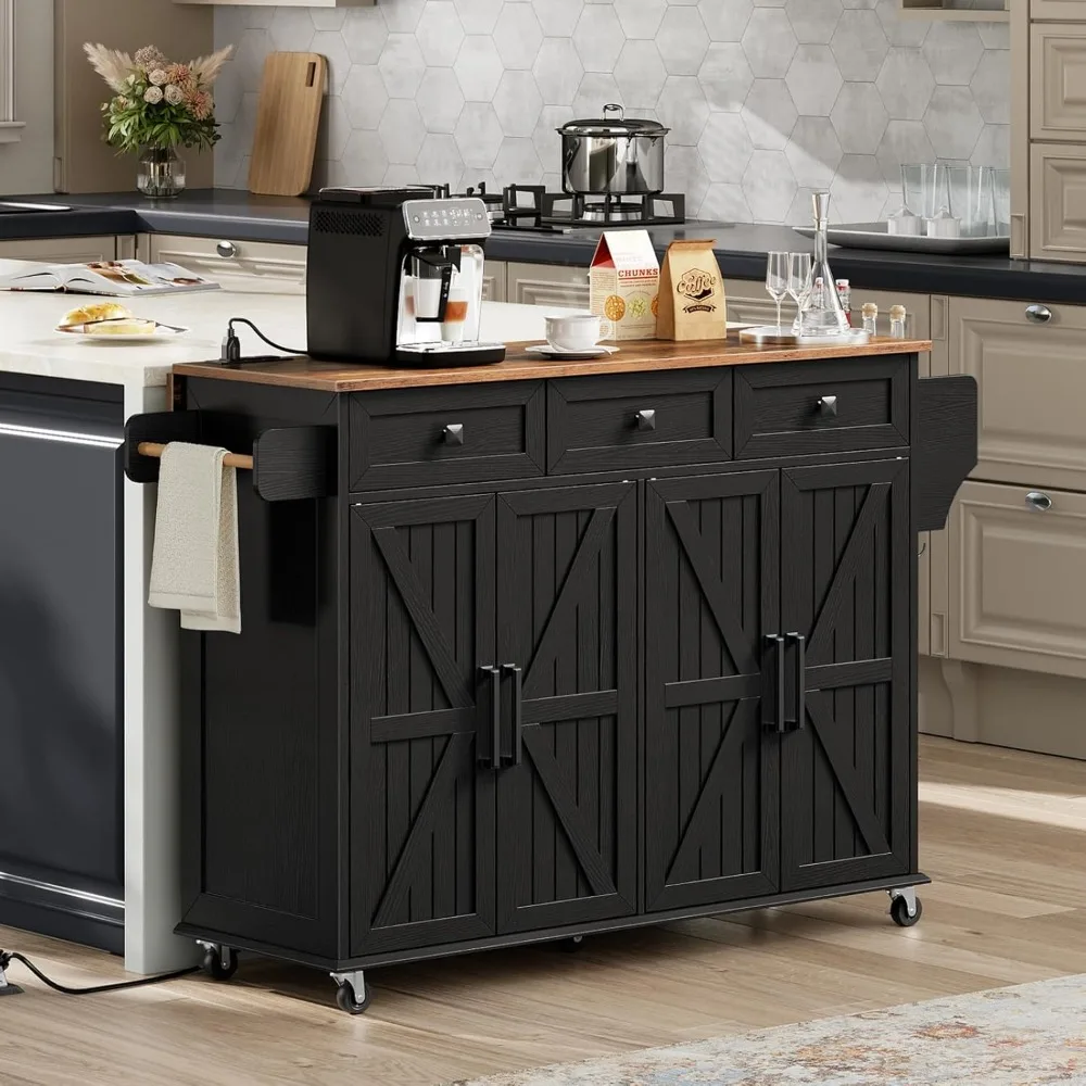 

Mobile Kitchen Island with Folding Sides and Built-in Electrical Outlet, Functional Kitchen Cart with Wheels, Rustic Sliding Doo
