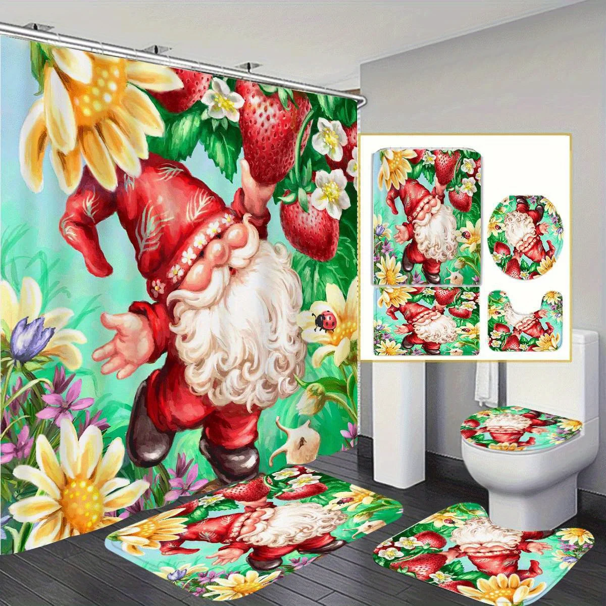 

Занавеска для душа с милым гномом из мультфильма — высококачественный полиэстер, можно стирать в машине с 12 крючками, нескользящим ковриком для ванной и U-образным унитазом