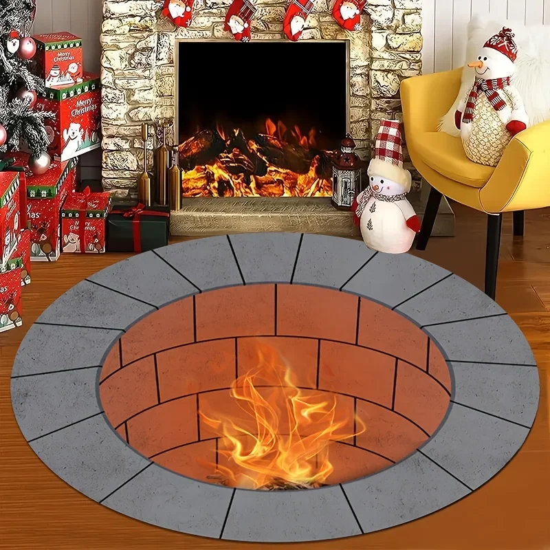 Fire Pit Pattern Round Mat – Machine Washable Indoor Rug for Bedroom & Living Room Decor