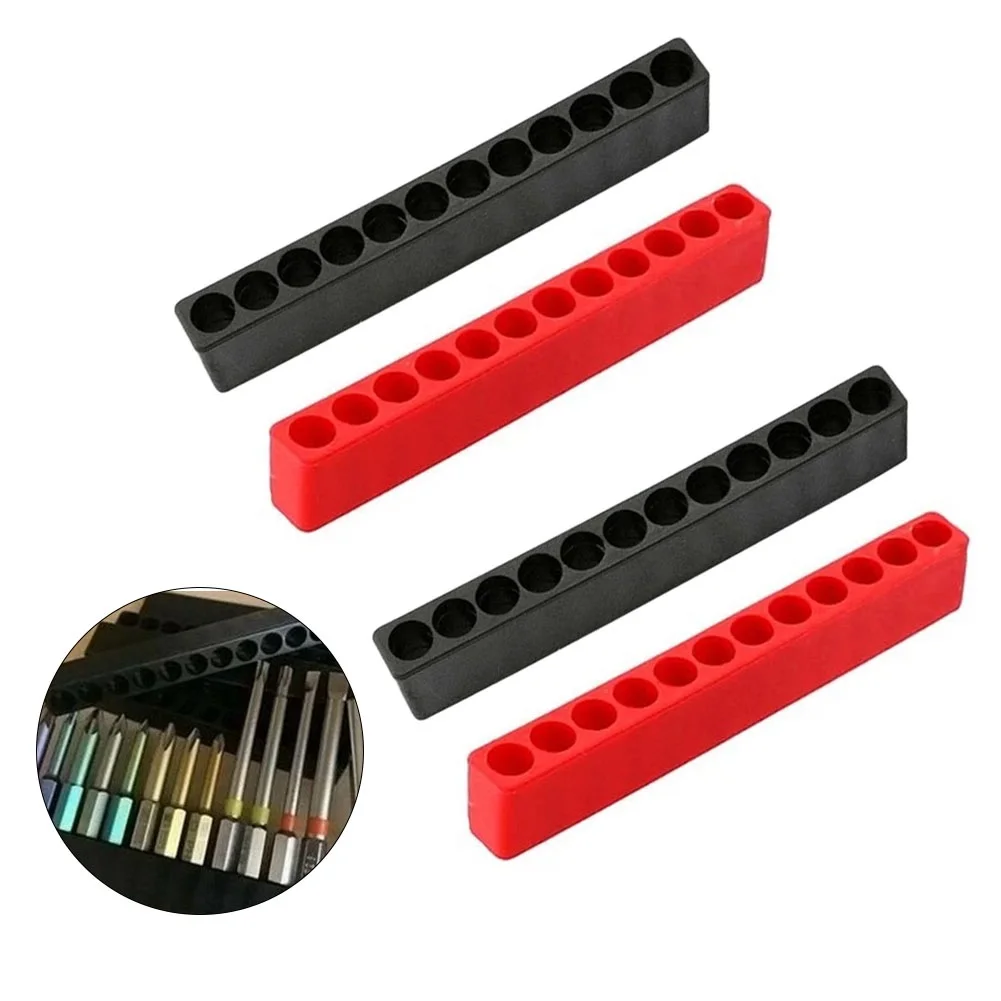 Brocas duráveis Suporte de ferramentas, Hexagonal Shank, Chave de fenda Bit Holder, plástico, preto, vermelho, 12 furos, 4pcs