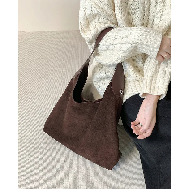 Lazy retro suede tote bag 2024 new genuine leather frosted single shoulder large capacity armpit bag