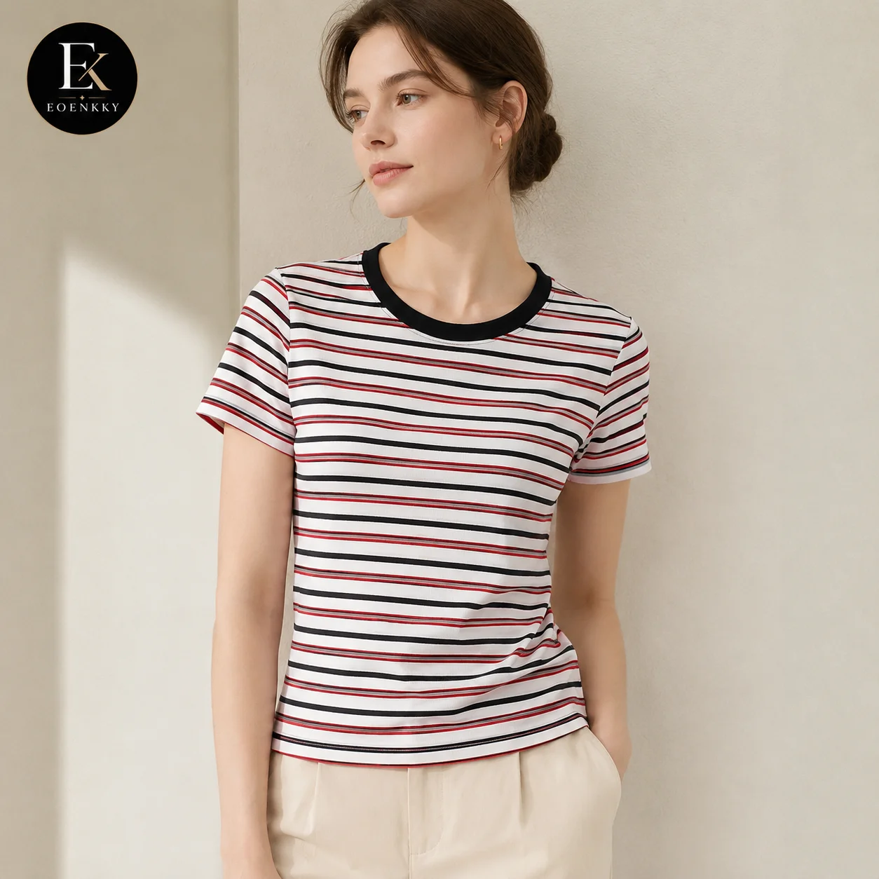 EOENKKY Women Striped T Shirt 95% Cotton Crew Neck Short Sleeve Slim Fit Casual Summer Top Contrast Collar Plus Size M-3XL