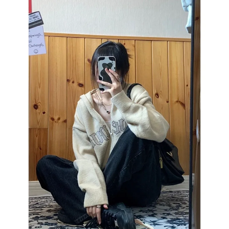 Deeptown Vintage Zippper Cardigan Women Korean Fashion Oversized Long Knit Sweater Aesthetic Harajuku Winter Long Sleeve Jumper