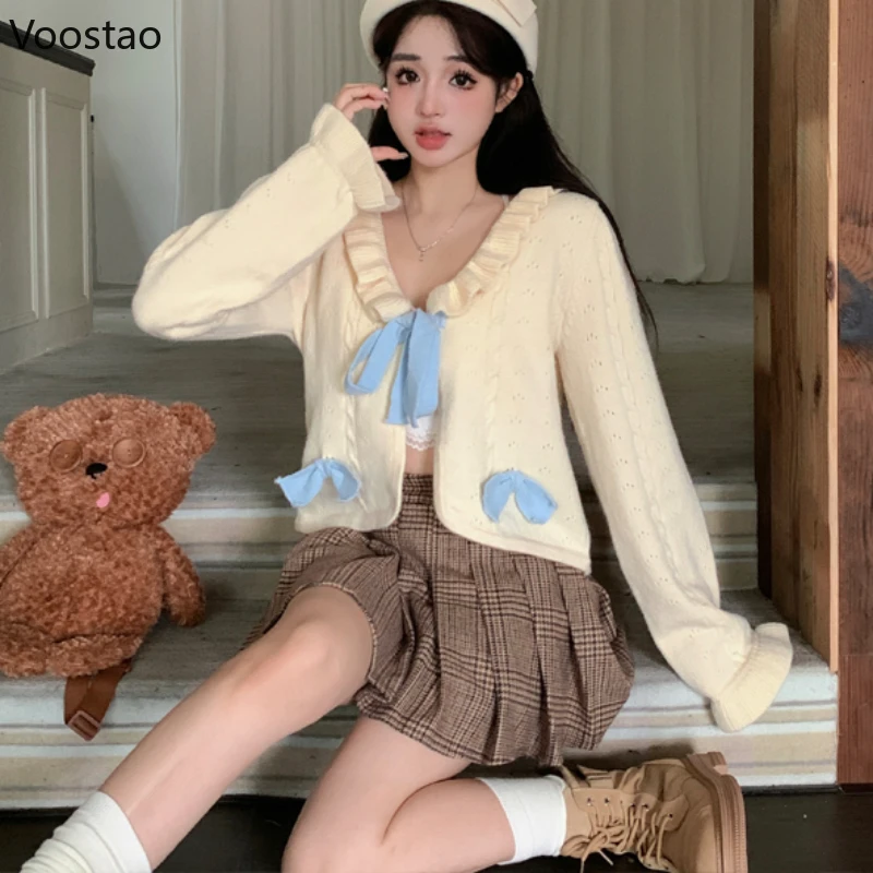 Sweet Lolita Knitted Cardigan Autumn Winter Women Kawaii Ruffles Collar Bow Sweater Cropped Coat Korean Girls Cute Knitwear Tops