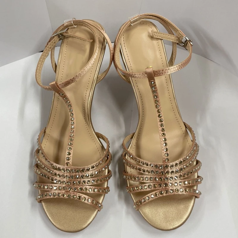 

New Summer Women's High Heels Champagne Gold Diamond Satin One-strap Sexy Stiletto High Heel Sandals