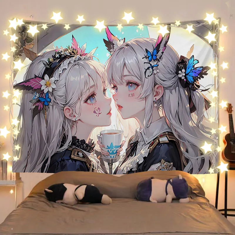 VIKAMA Fantasy Anime Elf Girls Tapestry Butterfly Hair Ornament Cartoon Wall Hanging Kawaii Otaku Bedroom Dorm Decor