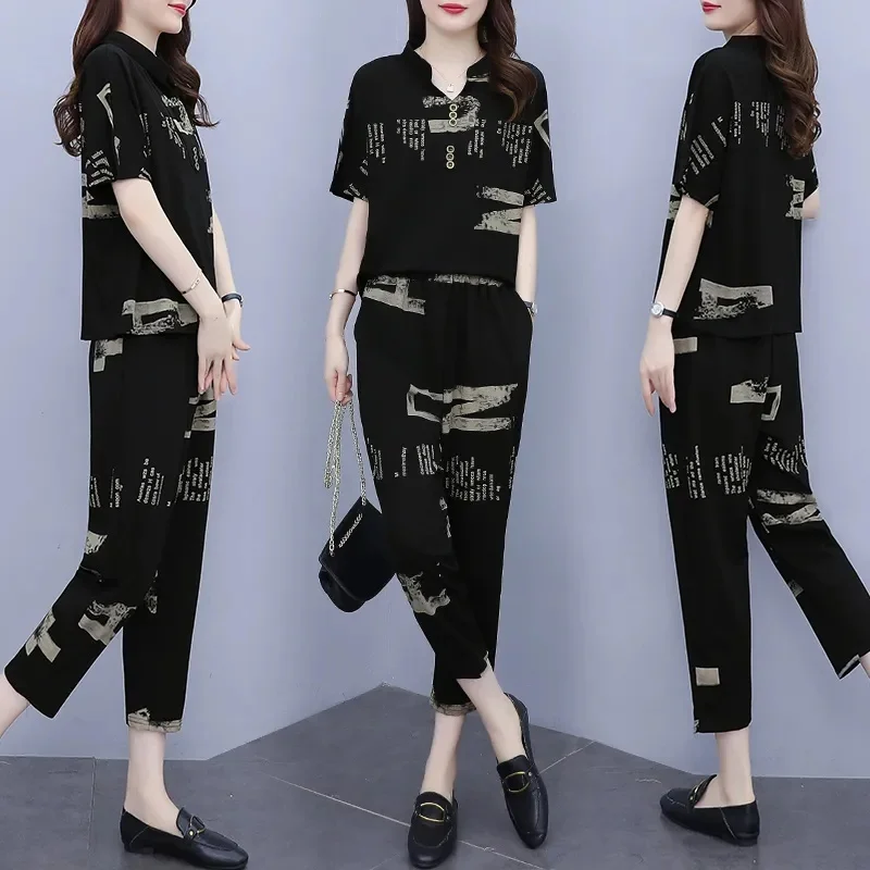 

2024 Female Short Sleeved Pant Set Korean Ladies Fashion Two Piece Set Summer Attire Women Large Size Leisure Black Outfit