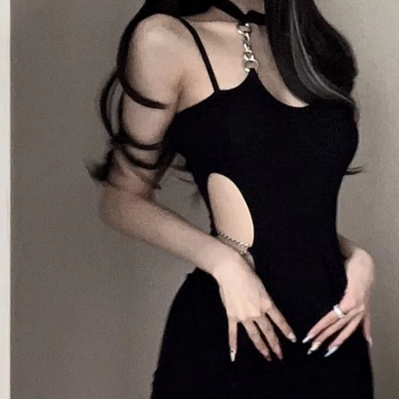 

Sleeveless Dress Women Summer Black Chain Halter Mini Sexy Slim Korean Fashion High Street Backless All-match Mature