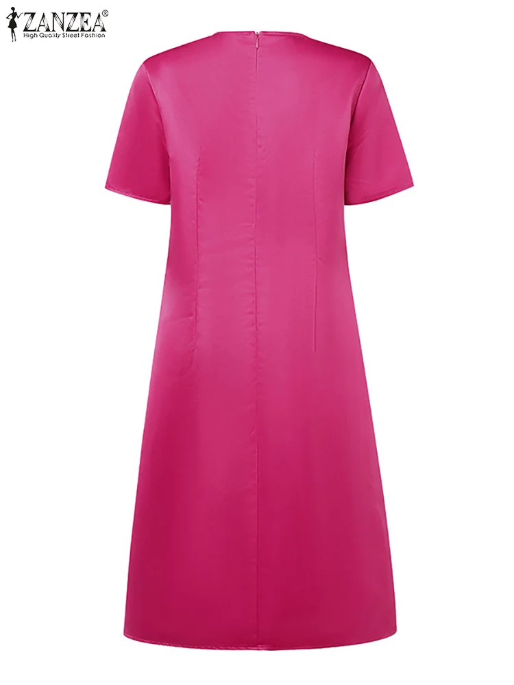 ZANZEA Damskie Sukienki Jednolite Kolorystycznie Krótki Rękaw Elegancki Dekolt O-Neck Satynowe Vestidos Do Pracy Koronkowe Wstawki 2025 Letnie Sukienki Do Kolan
