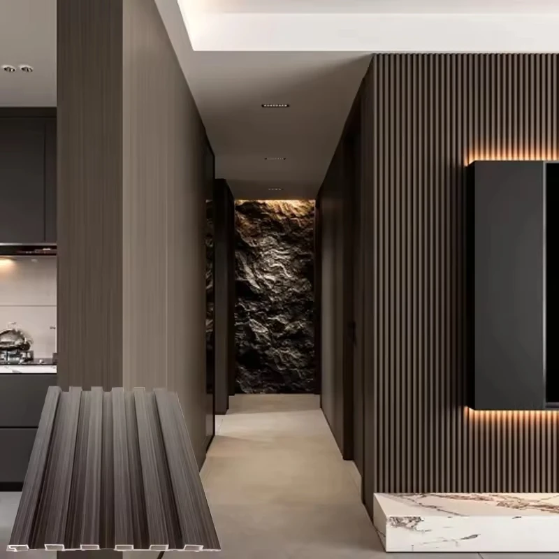 2026 Modern Waterproof 3D Fluted WPC Wall Panel Acoustic Wood Veneer Cladding Interior Decorative Slat Board Hotel TV Background