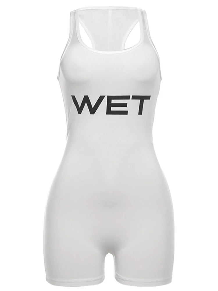 رومبير رياضي مثير للسيدات لصيف 2025 أبيض بدون أكمام Playsuit مطبوع عليه حروف تصميم نحيف مناسب للخلف