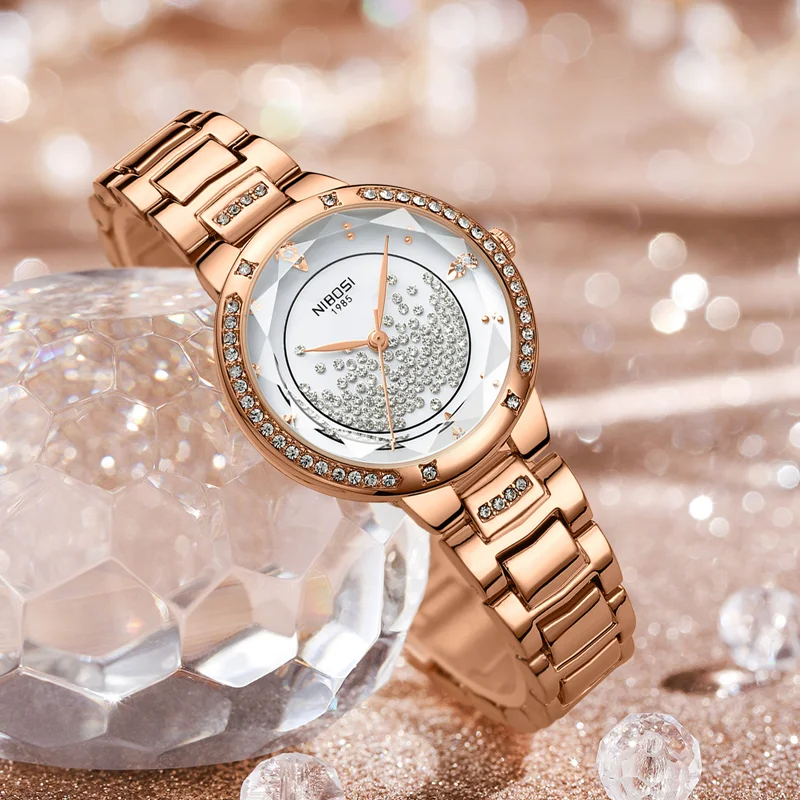 

NIBOSI Luxury Women's Watches Fashion Original Quartz Wrist Watch for Ladies Roman Dial Dazzling Diamond Waterproof Luminous