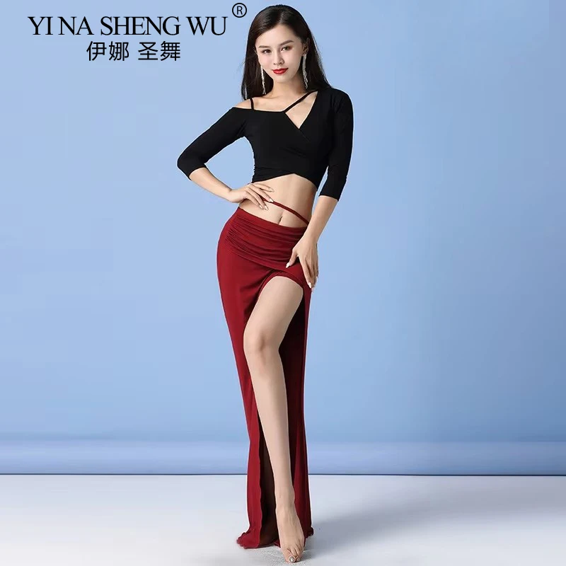 

Одежда для практики танца живота, осенний женский сексуальный топ с вырезами + длинная юбка для начинающих, восточная индийская одежда для танцев