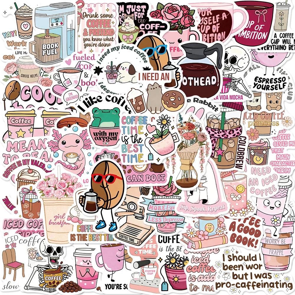 

50 PCS Funny Coffee Vinyl Stickers Waterproof Removable For Coffee Addict Laptop Water Bottle Phone Case DIY Decor