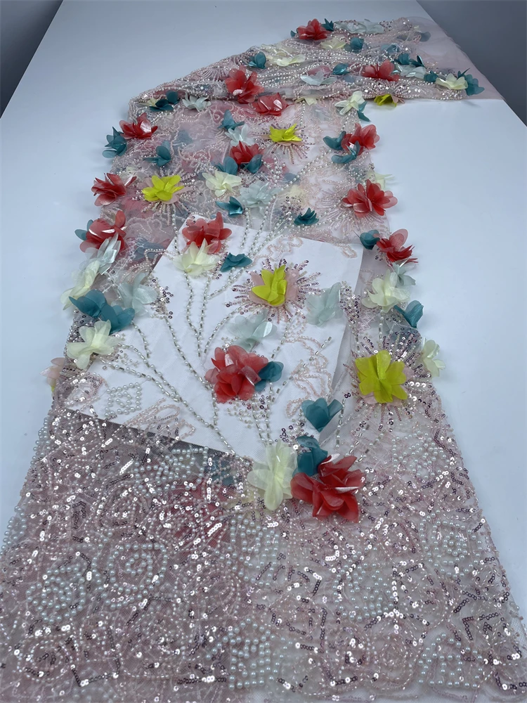 

Роскошная французская кружевная ткань ручной работы с 3D цветочной вышивкой, африканская кружевная ткань с блестками и бисером для женщин, вечерние платья