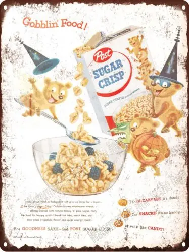 1955 Post Sugar Crisp Cereal Bears Halloween Trick Treat Metal Sign 9x12