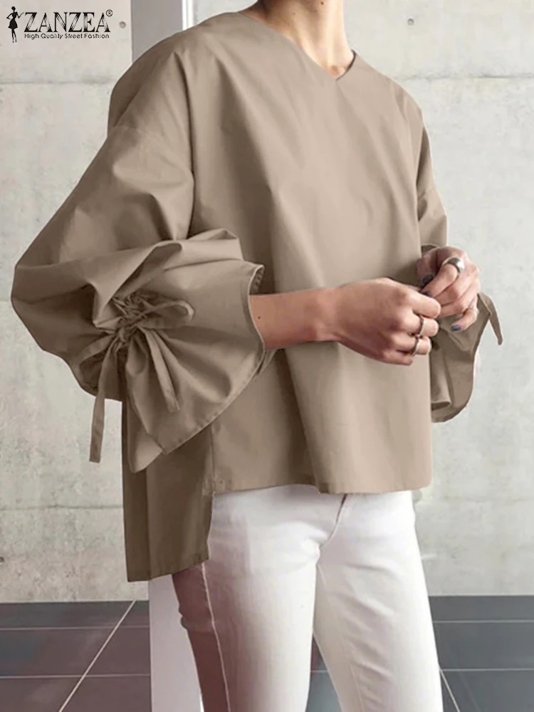 

ZANZEA Autumn Lace-Up Blouse Women Fashion Long Lantern Sleeve Tops 2025 Casual Loose V-Neck Tunics Solid Color Blusas S-3XL