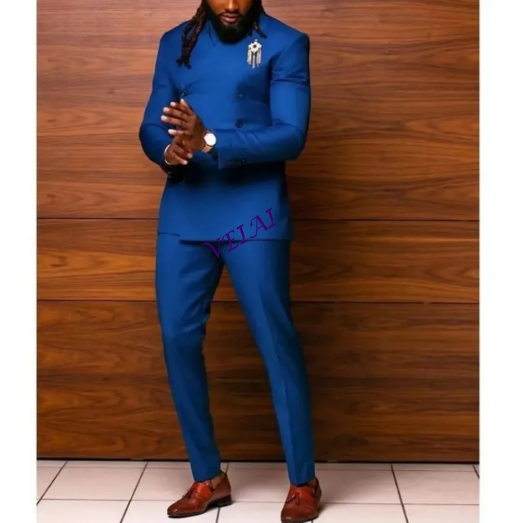 

CustomizedAfrica Blue Men Suits 2 Pieces Double Breated No Lapel trajes de boda para hombre Modern Mens Clothes Coat+Pants