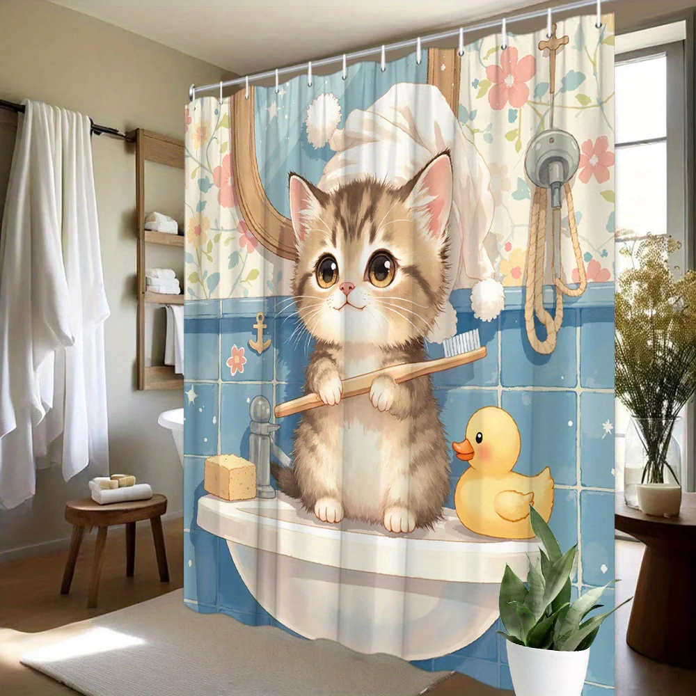 Cortina de Ducha Impermeable y Resistente al Moho con Estampado de Gato Tabby de Dibujos Animados Cepillándose los Dientes con un Pato de Goma Amarillo y Fondo de Azulejos Florales