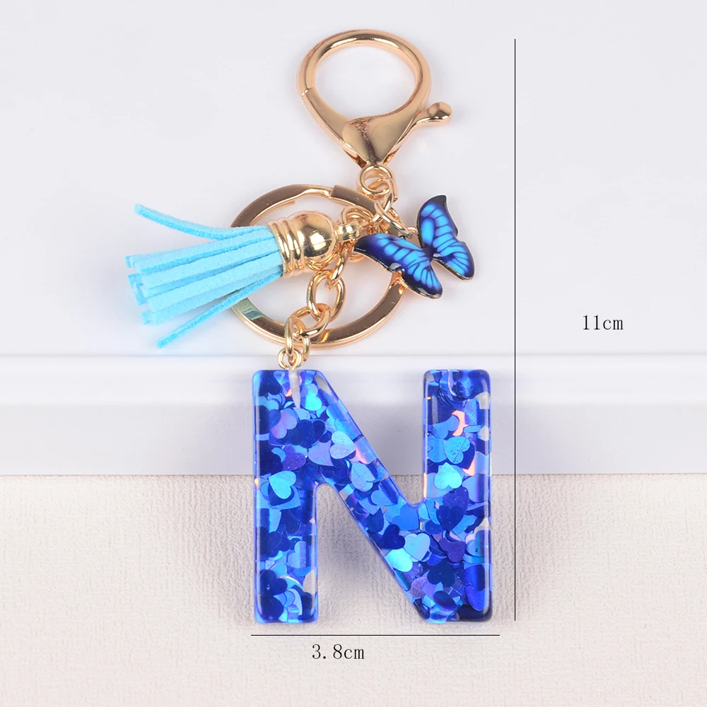 Resin English Letter Keychain With Blue Butterfly Pendant Tassel Charms Glitter Sequins love Filled 26 Initials Key Rings