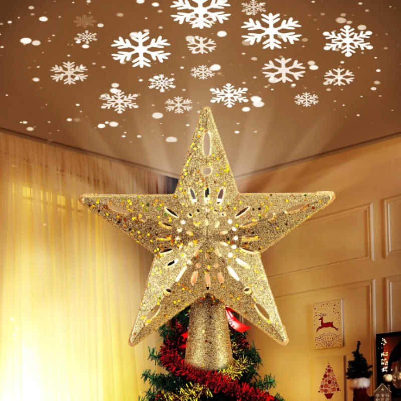 Rotating Snowflake Projection Lamp EU/US Plug Christmas Tree Top Decoration with LED Christmas New Year Holiday Tree Decoration