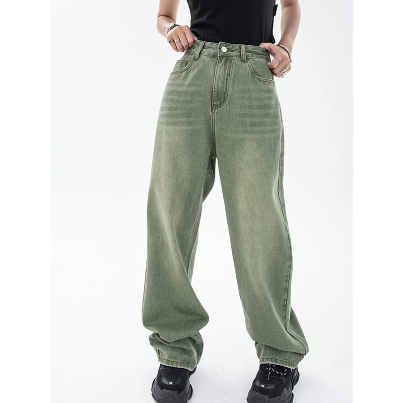 Vintage Green Women\'s Jeans Fashion Trousers Streetwear High Waist Wide Leg Summer Y2K Baggy Casual Straight Mom Denim Pants