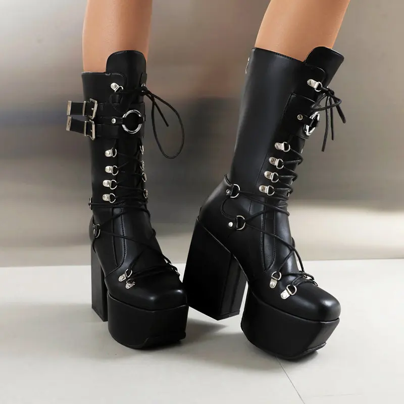 

ORCHALISA Women Boots Toe Block Heels 12cm Platform Hill 5.5cm Lace Up Ladies Booty Size 46 47 48