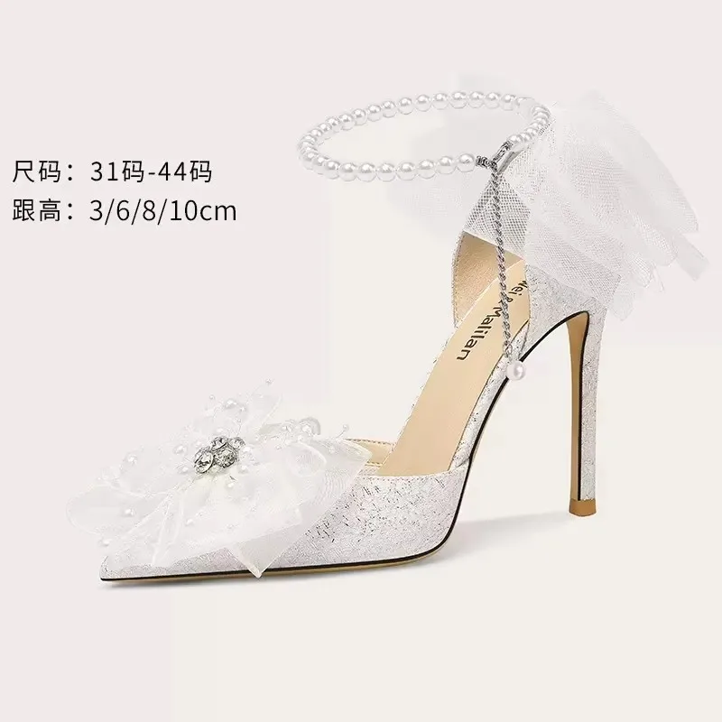 Summer pointed sequins pearl rhinestone mesh bow stilto wedding shoes high-heeled banquet large size small size women's sandals