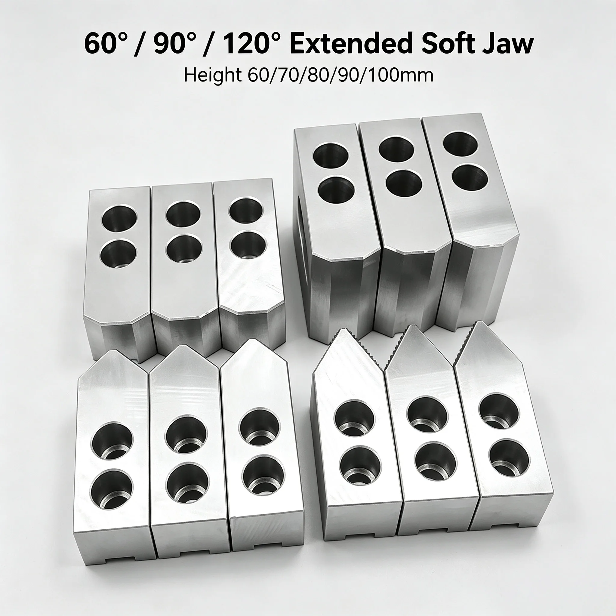 CNC Lathe Hydraulic 3 Jaw Soft Claws, Height Extended Soft Jaws Height 60/70/80/90/100mm, Compatible 5/6/8/10 Inch Lathe Chuck