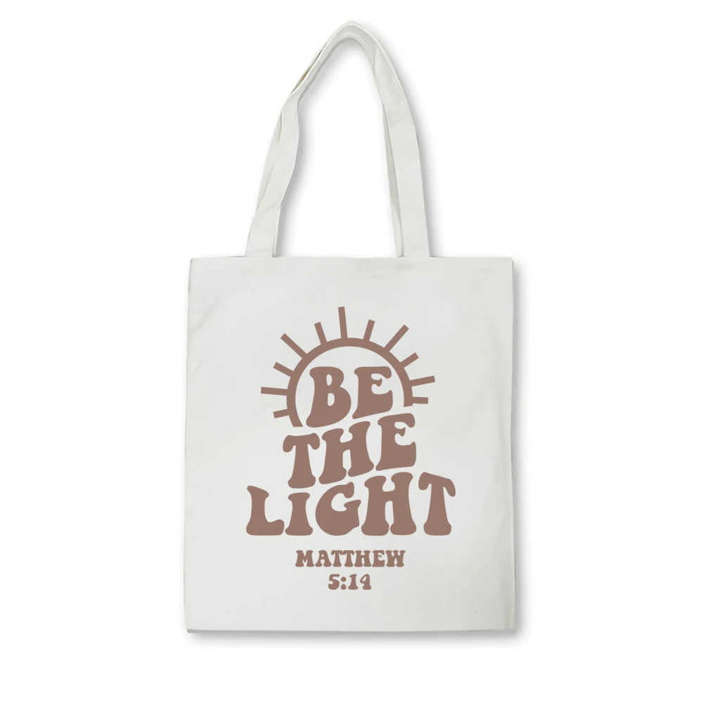 Vintage BeThe Light Tote Bag Funny Letter Printed Bible Verse Scripture Jesus Religion Women's Eco Friendly Canvas Tote Bags