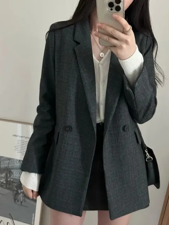 Chique herfst vintage losse pasvorm lange Sve Double Breasted pak Jaet voor dames woon-werkverkeer Sle pure kleur veelzijdige bovenkleding
