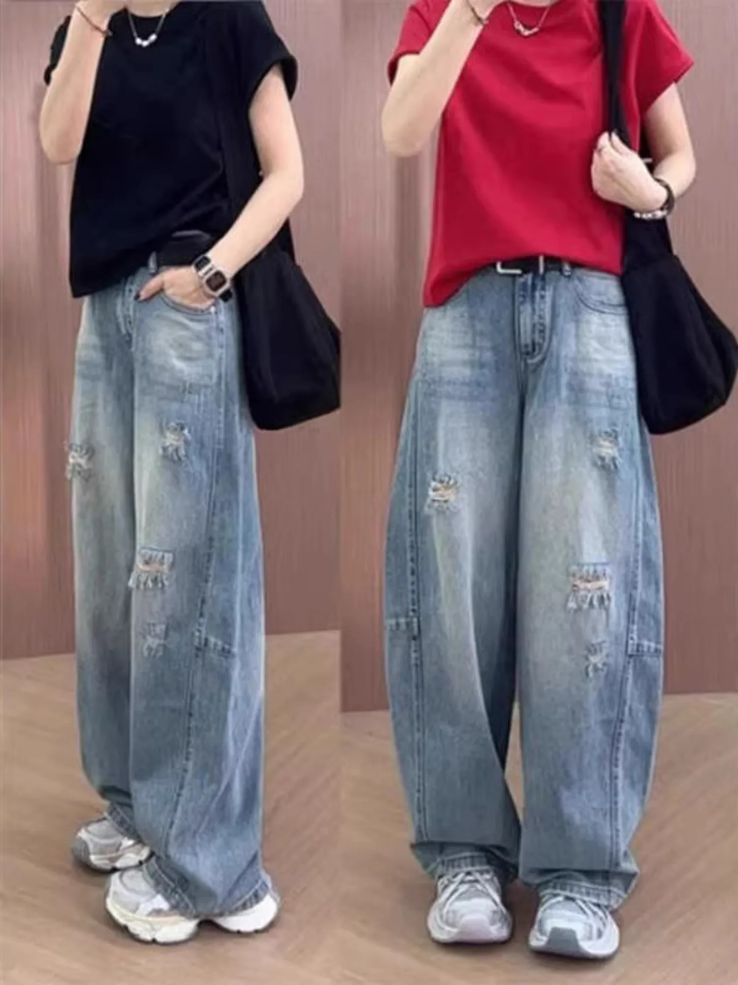 

Women's Baggy Ripped Jeans Y2K Wide Leg Denim Pants Vintage Wash Distressed Loose Trousers Streetwear Full Length with Side Seam