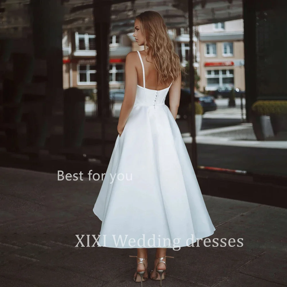 XIXI vestidos para eventos especiales a-line sweetheart v-neck ankle-length satin spaghetti straps sleeveless garden wedding