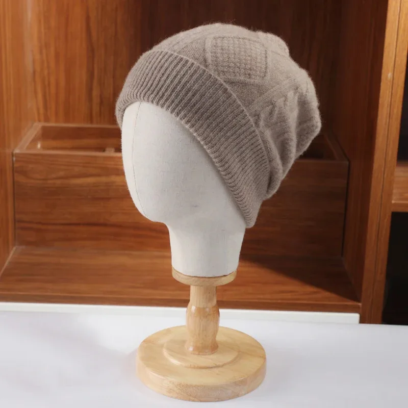 100% Merino Wool Winter Knitted Hat for Women with Rhombus Pattern, Warm Soft Wool Beanies, Hiphop Street Bonnet Skullies