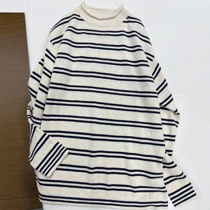 Koreański Design Fre*e Zimowa Oversize'owa Luźna Spódnica w Paski z Miękkiej Dzianiny o Regularnej Długości Rozpinany Kardigan Dzianinowy Dr