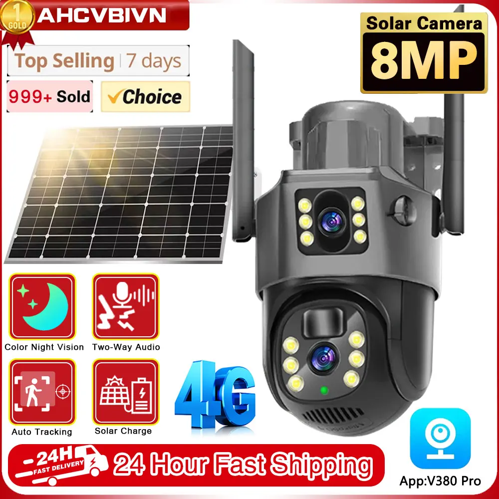 

V380 Pro 4K 8MP 4G Dual Lens PTZ Solar Camera Black Dual Screens PIR Human Tracking Outdoor Security CCTV Surveillance IP Camera