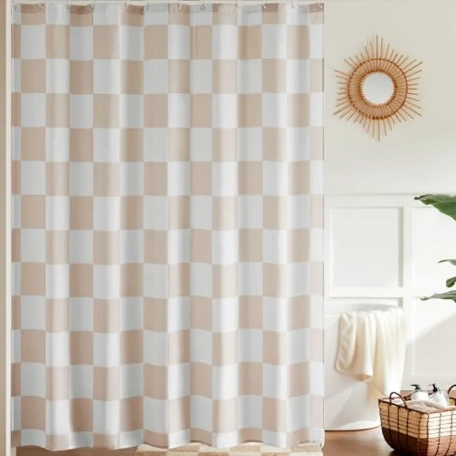 

Checkered Shower Curtain Beige Shower Curtains for Bathroom Cute Retro Checkboard Shower Curtain Vintage Aesthetic Washable Fab