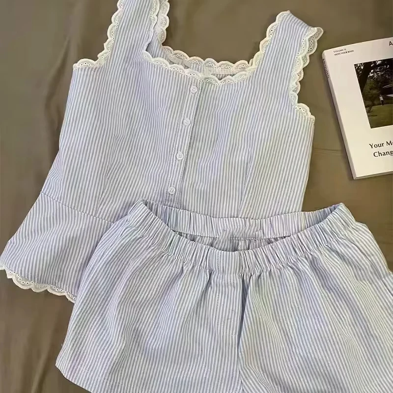 Striped Women Pajamas Summer Sleepwear Sleeveless Shorts Sets 2 Pieces Lace Night Wears Tank Korean Sleeping Home Suit 2025 New view 5