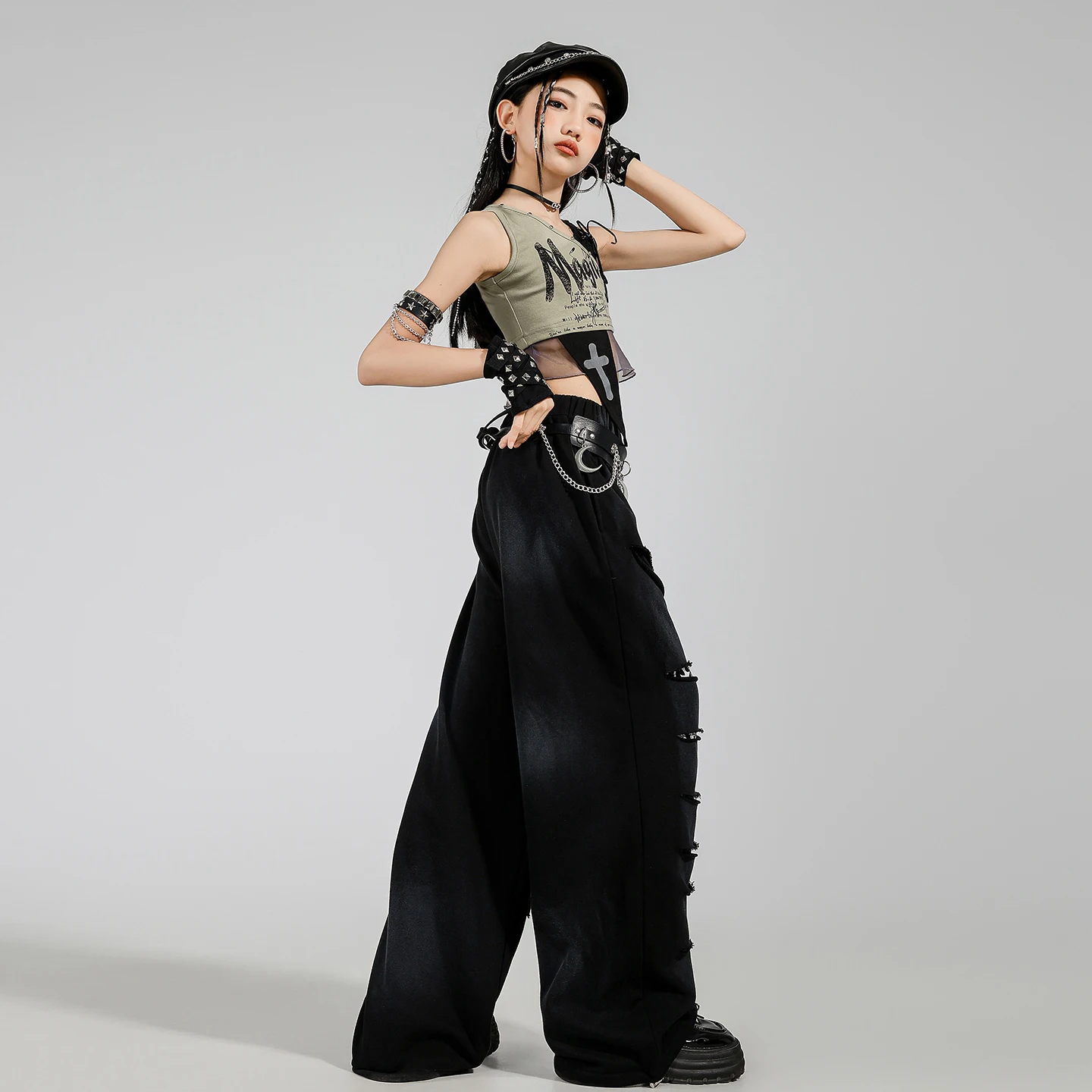 Children Kpop Jazz Dance Clothes Navel Tops Ripped Pants Summer Sleeveless Hip Hop Costume Concert Stage Outfit Rave Wear L16643