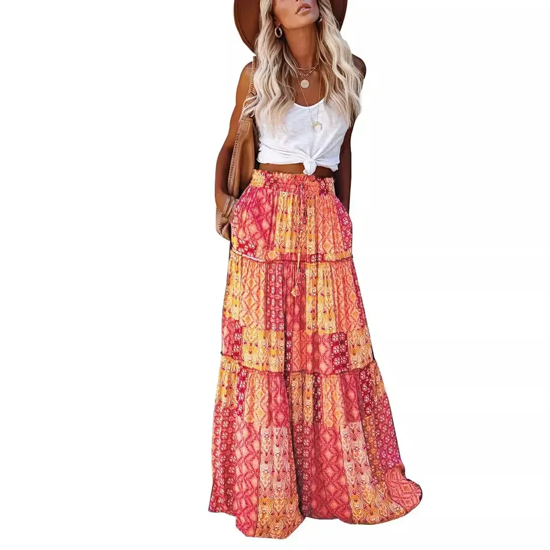 Etnische Stijl Vintage Lange Rok Vrouwen Zomer Losse Strand Dames Jupe Casual Faldas Hoge Taille Maxi Bohemian Rokken Vrouw Kleding