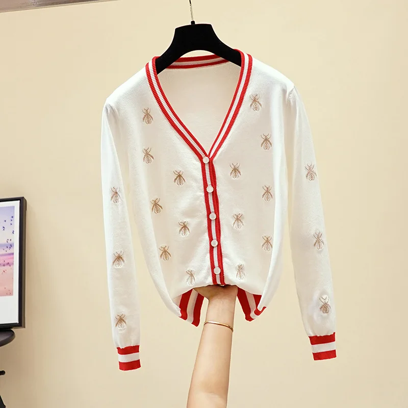 High Quality Sweater Fashion Designer Bee Embroidery Cardigan Long sleeve Single Breasted Contrast Color Button Knitted Sweaters