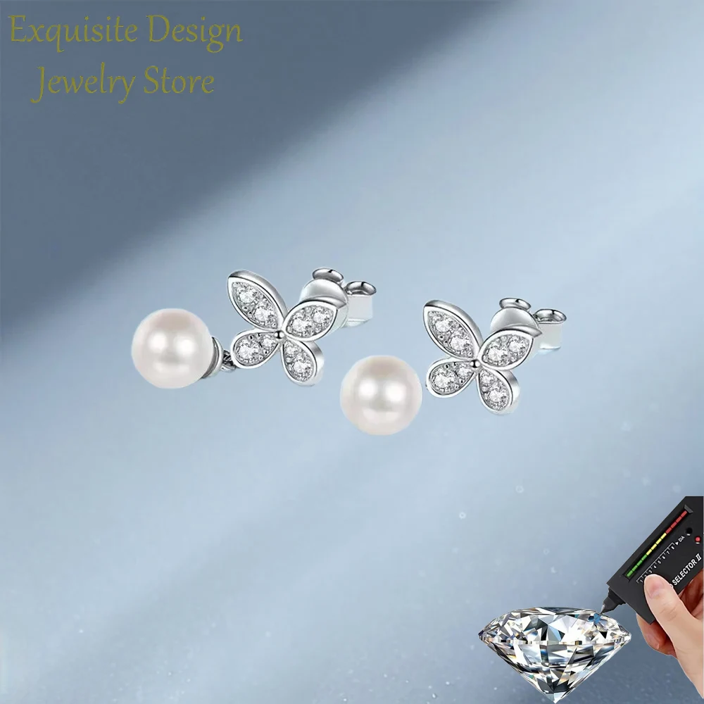 

Luxury 6mm Pearls Butterfly Wedding Earrings, White Gold PT950 Women's Drop Earrings with Moissanite Diamond Birthday Gift