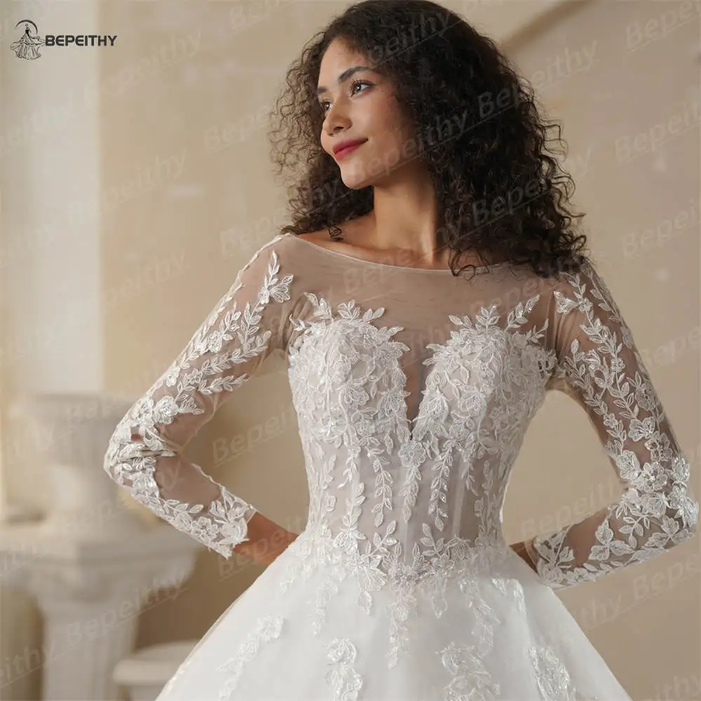 BEPEITHY Customized Scoop A-Line Boho Wedding Dresses With Full Sleeves Vintage Bride Ivory Bridal Gown 2025 Low Back Vestidos image 3