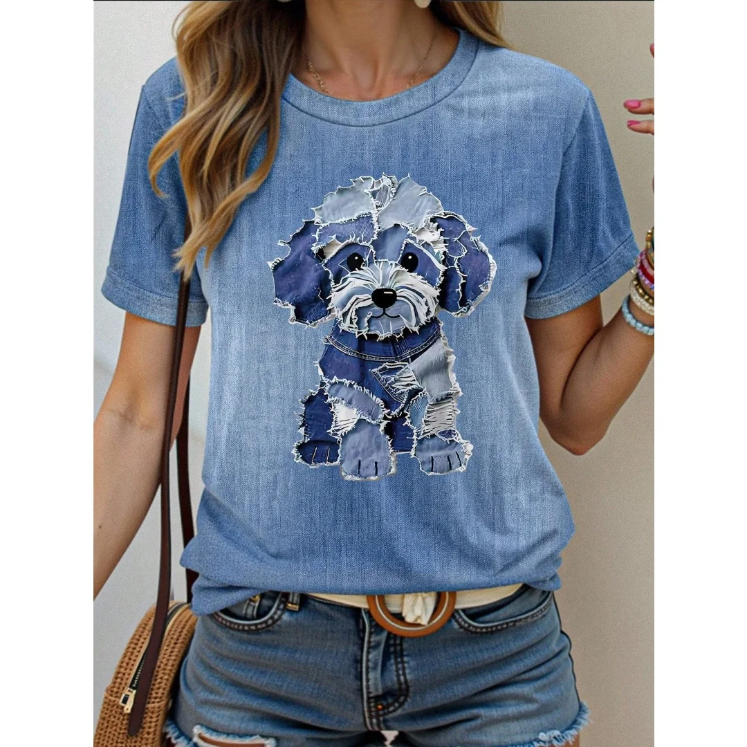 

Women's Artistic Collage Puppy Print Round Neck Short Sleeve Casual Top, Suitable For Outdoor Wear Denim Dog Print T-Shirt