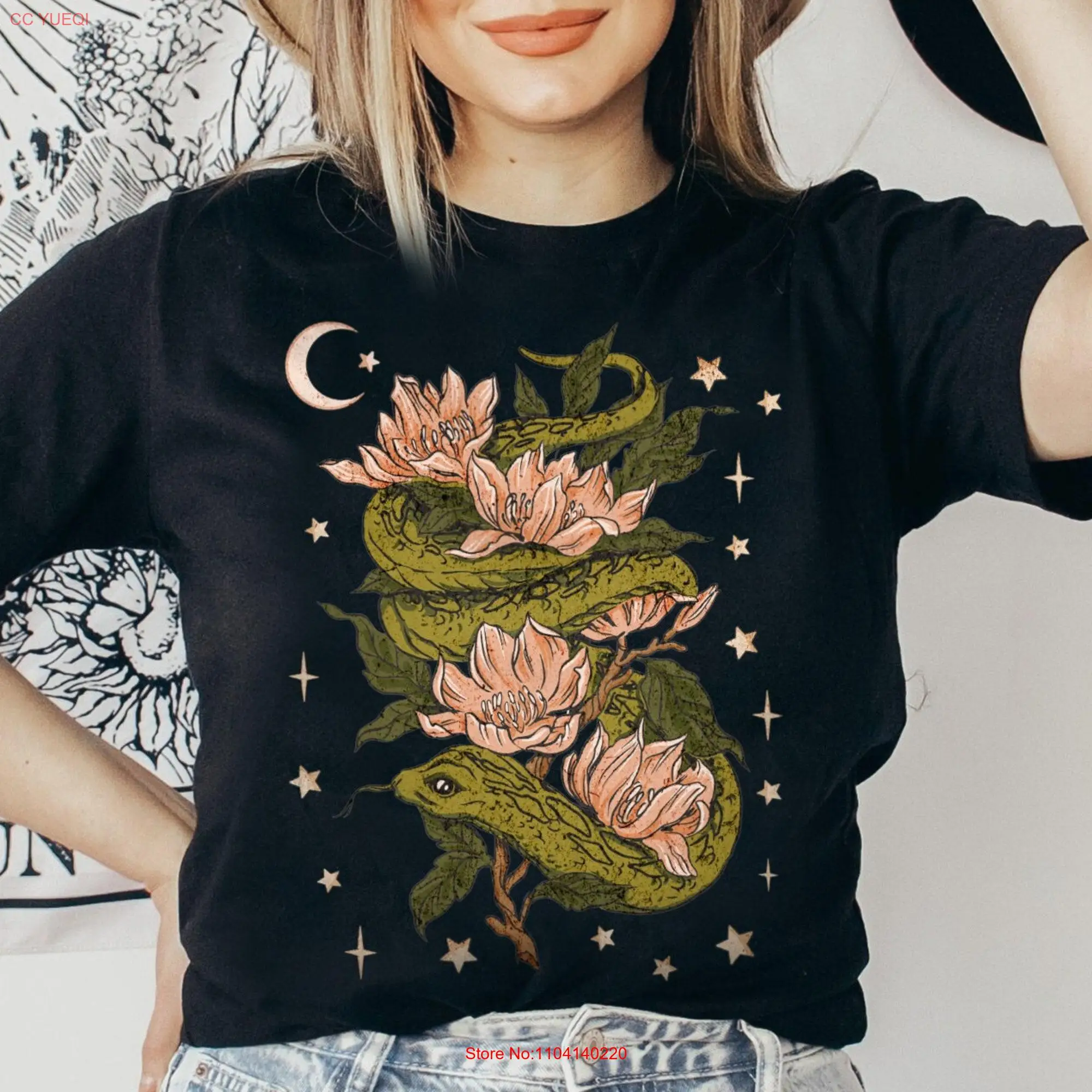 Floral Snake T Shirt Flower Cottagecore Whimsigoth Celestial Boho Fairycore Magnolia for Her long or short sleeves