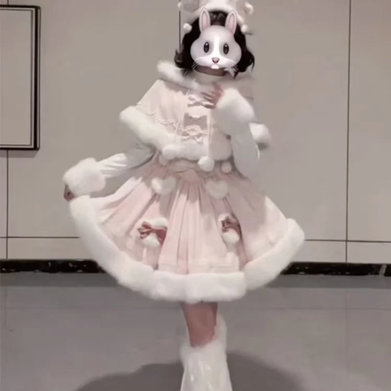 Japanese Sweet Lolita Style 2 Piece Set Women Kawai Bow Bunny Hooded Cloak Coat Pink Plush Party Mini Dress Korean Y2k Cute Suit image 3