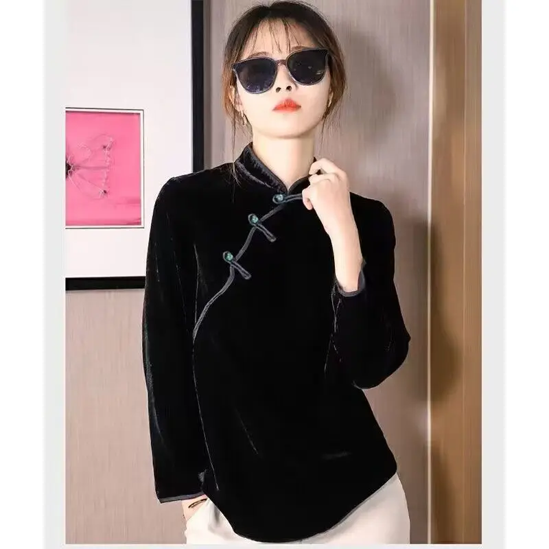 Spring Black Retro Elegant long Sleeve Loose Long Tradition Cheongsam Dress Loose Chinese Collar Modern Improved Qipao