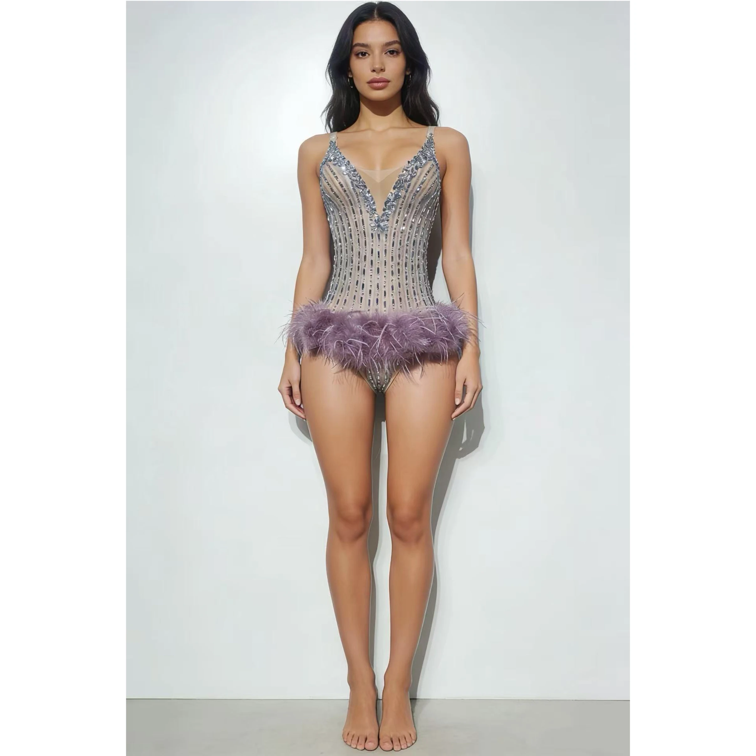 2025 nouveau diamant plume col en v body discothèque Bar Dj Performance Costumes femmes Gogo danseurs fête scène robe porter DN22504