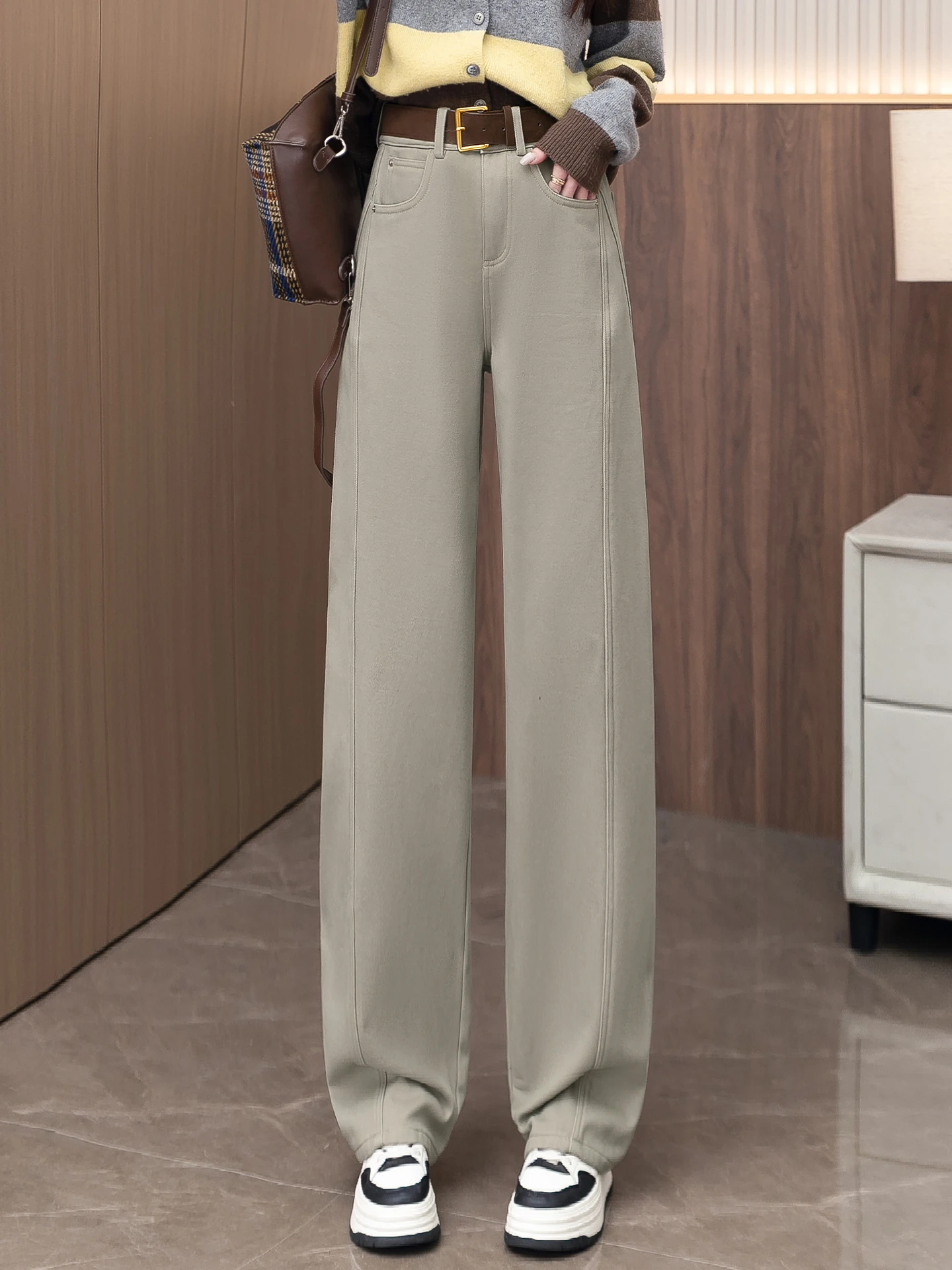 

High Waist Wide Leg Jeans Women's Autumn Winter New Style Knife Casual Pants Fleece Lined Straight Cut Comfortable Jeans