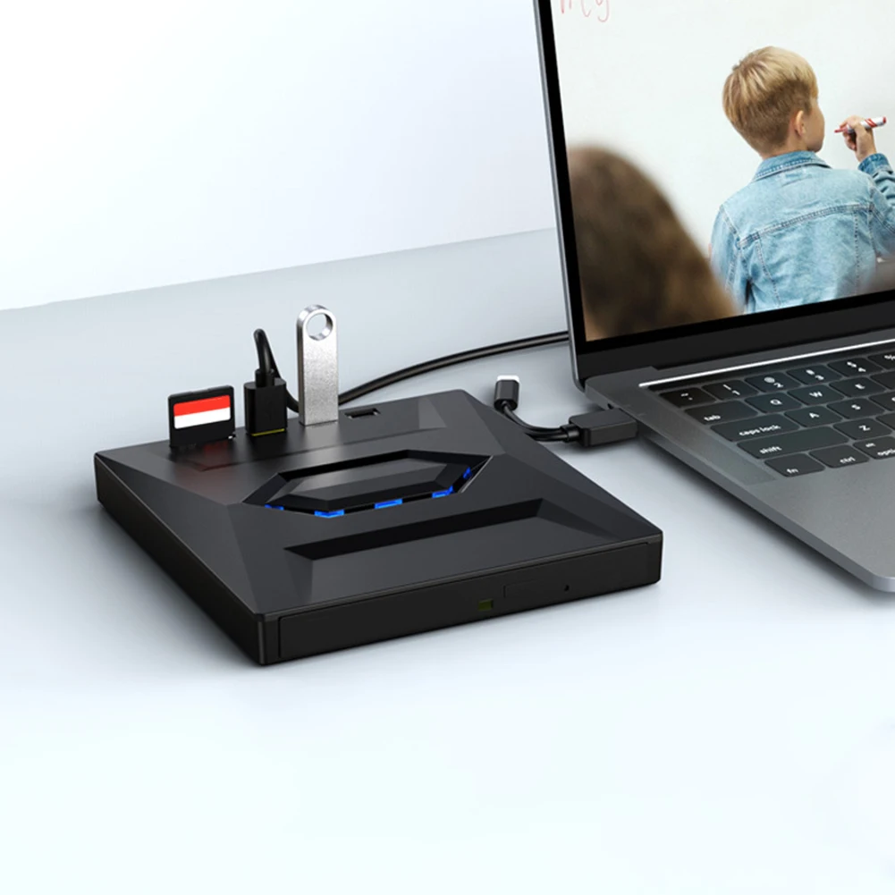 USB3.0 외부 CD DVD 드라이브(USB/Type-C 포트 포함) + SD/TF 5 In 1 드라이브 버너 레코더(Linux Windows XP/10/8/7 노트북 PC용)